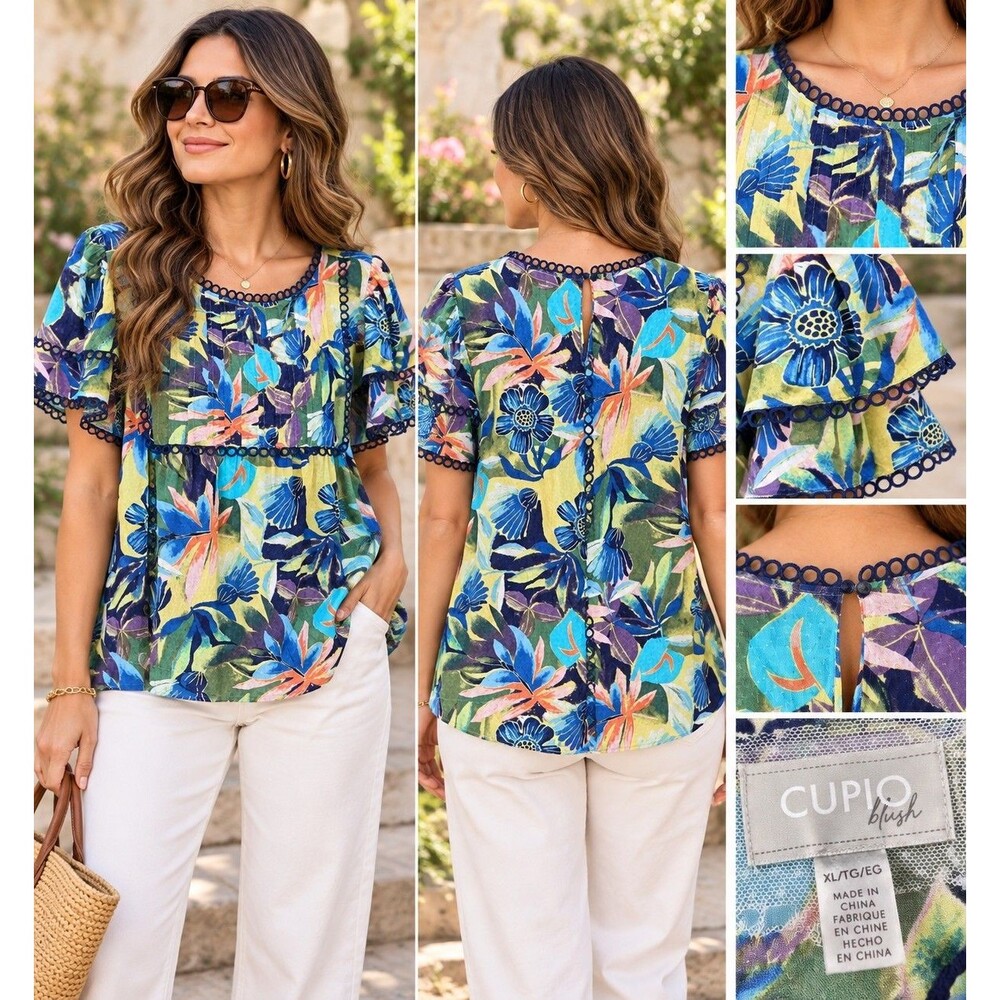 Cupio Blush Womens XL Floral Boho Blouse Flutter Sleeve Crochet Trim Viscose